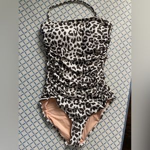 J Crew strapless leopard bathing suit with ruching on the sides